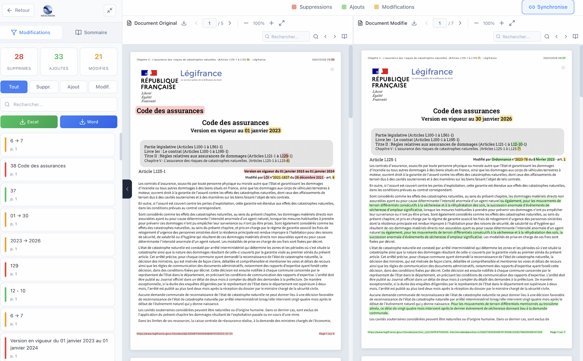 Vue côte à côte avec modifications surlignées