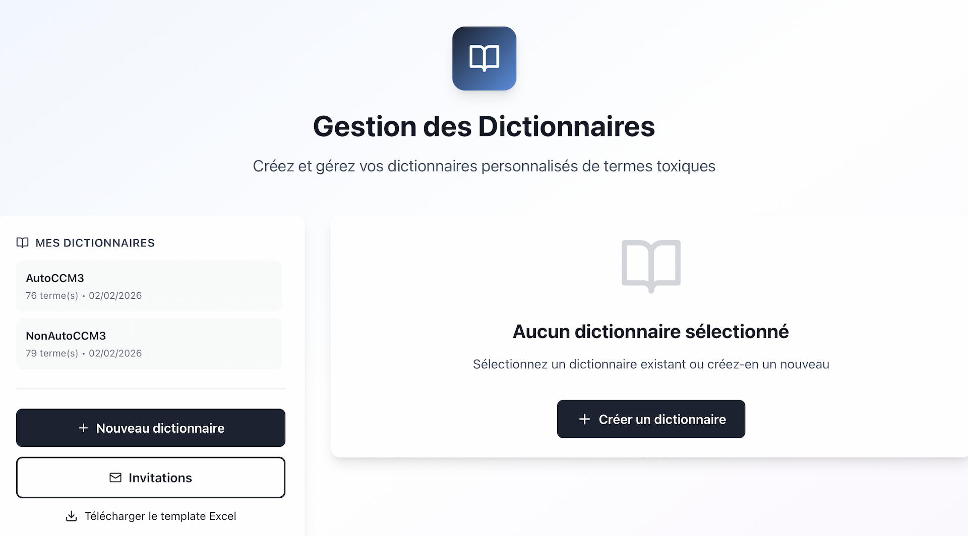 Page de gestion des dictionnaires