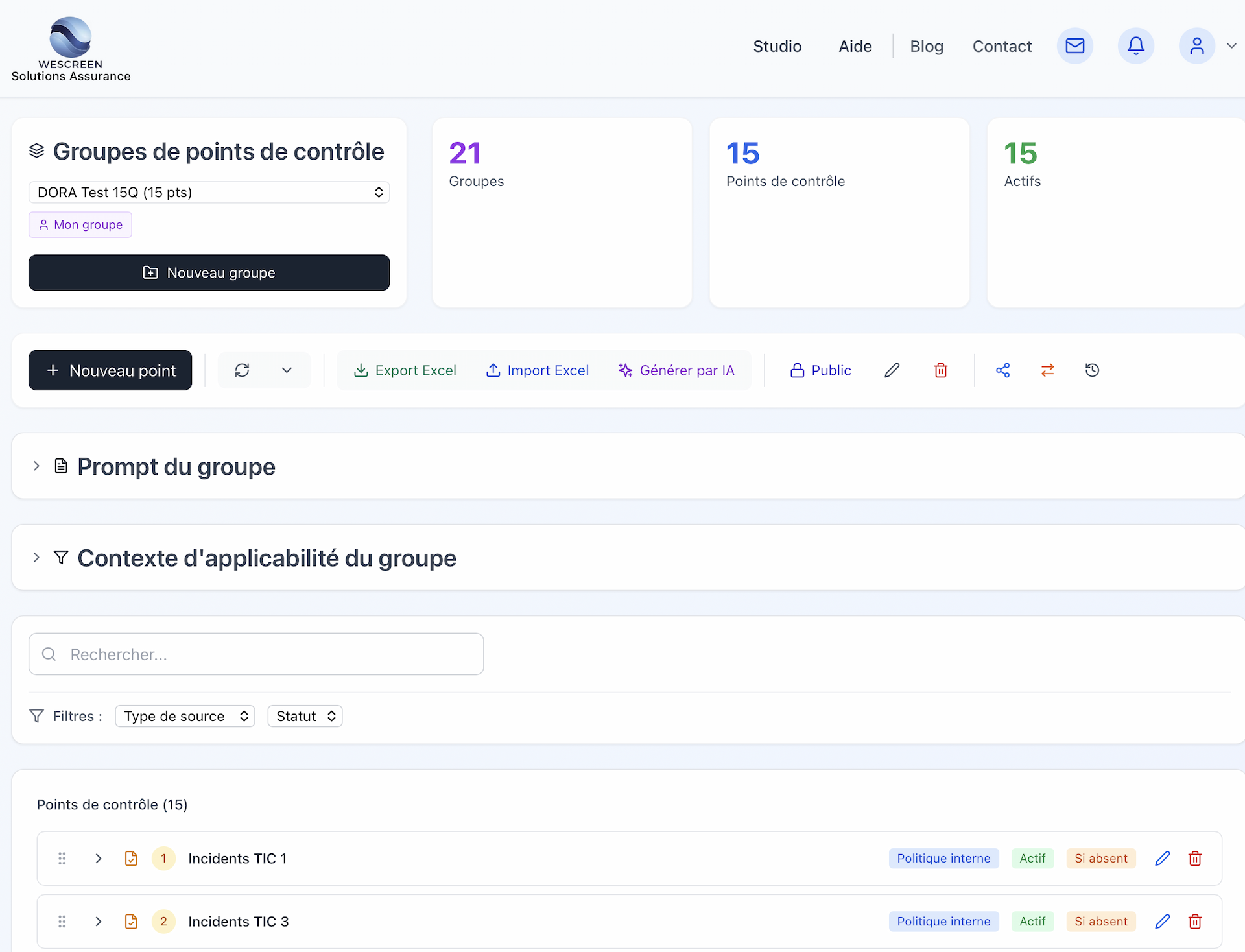Page Groupes de points de contrôle
